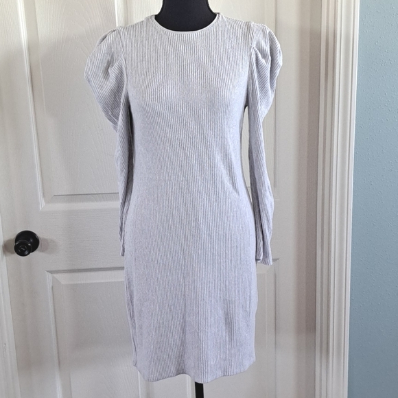 Express Puff Long Sleeve Ribbed Stretchy Mini Bodycon Gray Soft Sweater Dress - Picture 1 of 11